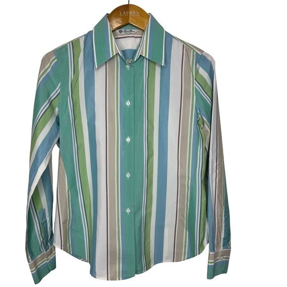 Loro Piana Tops - Loro Piana‎ Striped Top Green/Blue/Tan Size 42 (6) Cotton/Silk